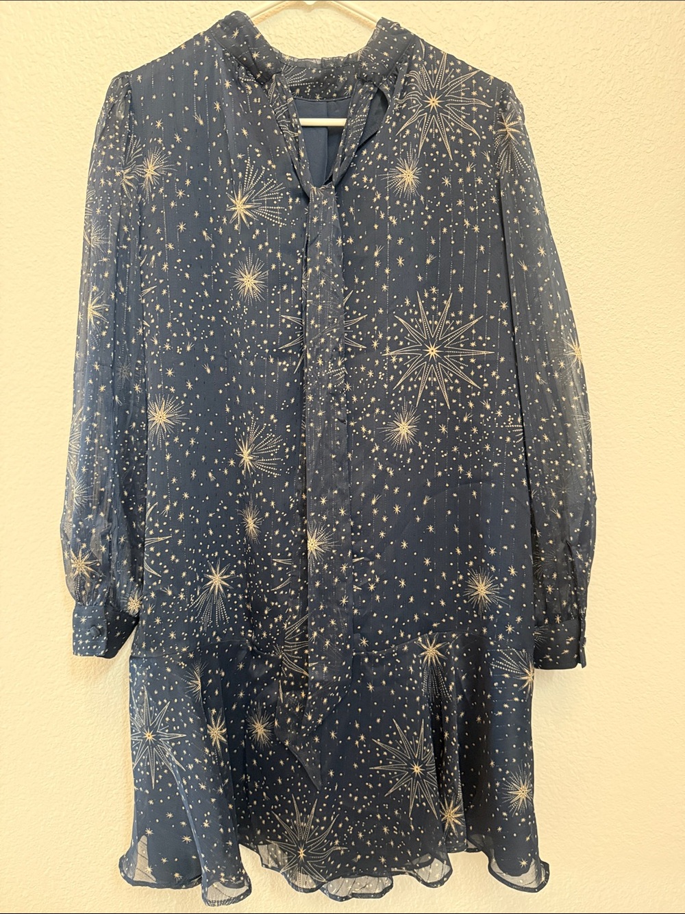 Loft Navy and gold Tie-Neck Chiffon Dress